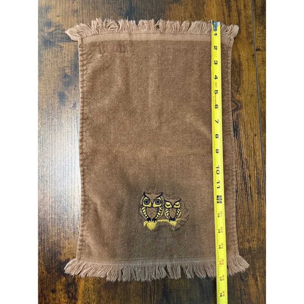 Martex Owl Hand‎ Towel Vintage Brown Cotton Fringe 11x17 Embroidered 70s